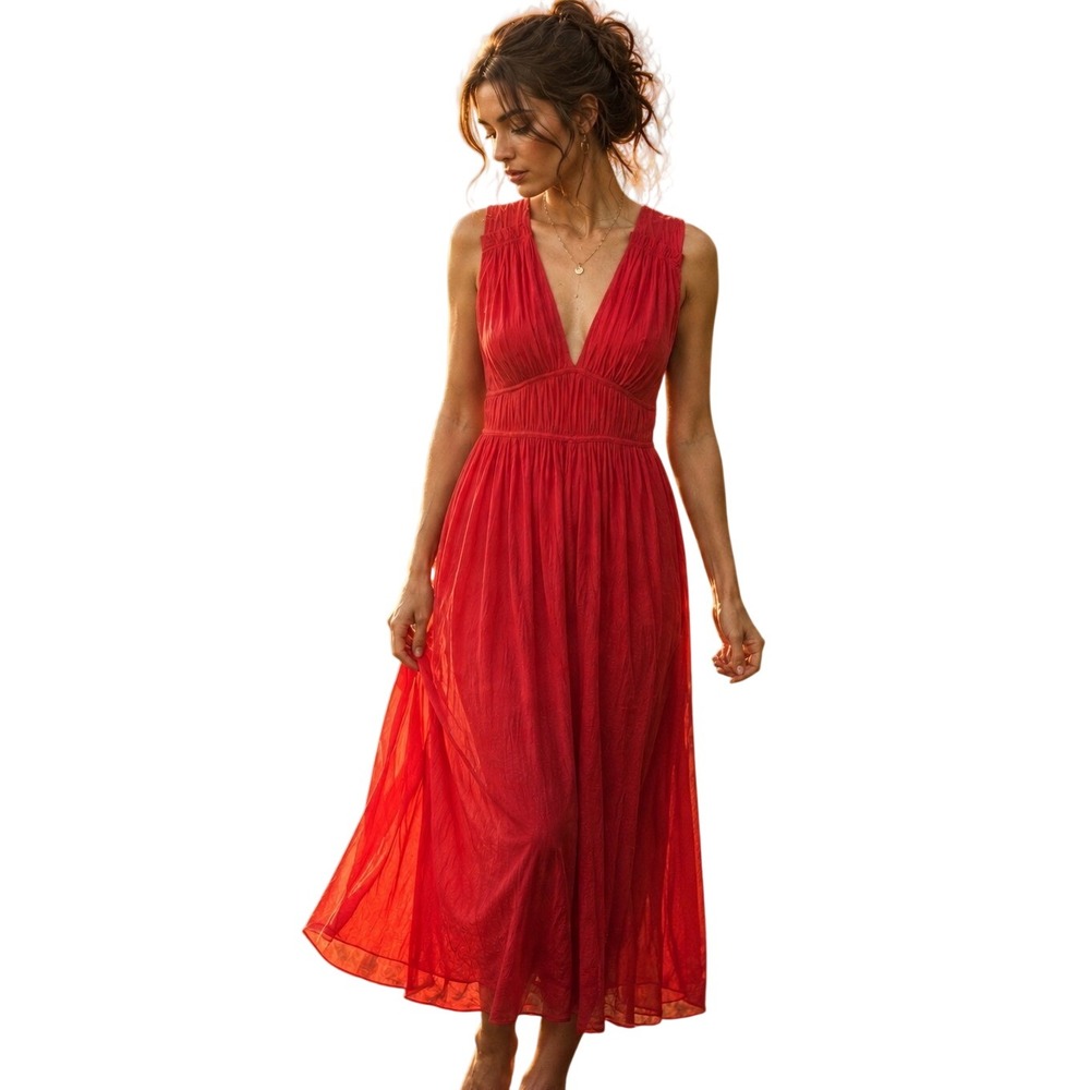 NWT Banana Republic Red Silk Blend Empire Waist Midi Dress  Milkmaid Peasant S